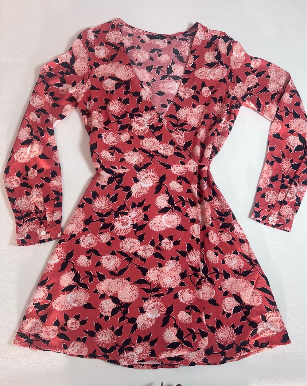 OBEY Darcey Wrap Dress Womens S Rusty Rose Floral V Neck Boho Grunge Mini